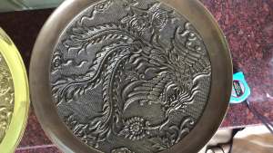 Mâm Bồng Bằng Đồng Thờ Cúng Hình Phượng ĐK 38cm Đế Cao 20cm Màu Nâu - Đĩa Hoa Quả Bằng Đồng