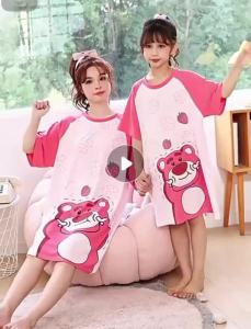 Kari Mother And Daughter Cute Pooh 2in1 Home Wear Parent-Child Dress Pajama