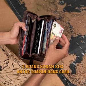 Dompet Panjang Resleting Pria Kulit Sapi Jenis Crazy Horse Laki Multi Kompartemen Pouch HP Card Holder 12 Slot Kartu Ruang Uang Kertas Koin Resleting Zipper YKK Awet Untuk Bisnis Kerja Gaya Brown Tan Terbaru Abimana REVEN