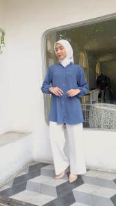 Tunik Kemeja OOTD Atasan Muslim Viral Terbaru Bluse Simpel Elegan Fashion Wanita Kekinian Katun Polo linen Polos