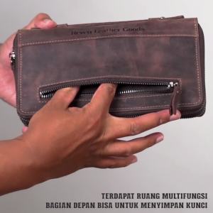 Dompet Panjang 2 Resleting Pria Handbag Kulit Sapi Jenis Crazy Horse Vintage Maskulin Keren Mewah Fungsional Branded Multi Kompartemen Pouch HP 16 Slot Kartu Ruang Resleting Koin Bawa Banyak Uang Tunai Benicio REVEN Untuk Bisnis Kerja