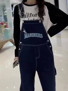 American Street Tooling Denim Overall Wanita Longgar Satu Bagian Celana Lebar Kaki Suspender Lurus
