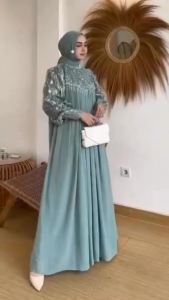 Gamis Simple Elegan SHENNA GOWN DRESS CERUTY BABYDOLL MIX BRUKAT PAYET: Dress Kondangan Wanita Remaja