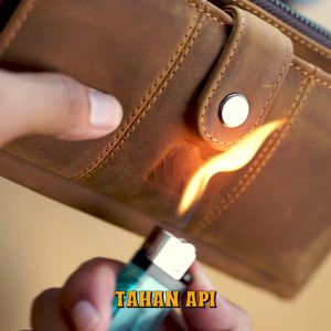 Dompet Panjang Resleting Pria Kulit Sapi Crazy Horse 10 Slot Kartu Ruang Koin Kancing Klip Lipat 2 Keren Fungsional Bisnis Awet Brown Tan