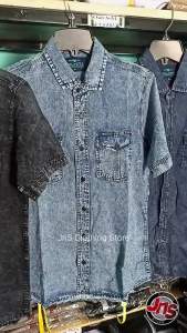 JnS - Baju Kemeja Hem Denim Jeans Pria Lengan Tangan PENDEK Premium Distro Casual Snow Wash Sandwash
