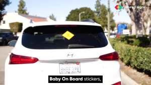 Baby On Board Sticker Sign - Essential for Cars - 2 Pack 5" by 5" - Bright Yellow and SEE-THROUGH when Reversing - Best Safety Signs - No Need for Suction Cup or Magnet - Durable and Strong Adhesive