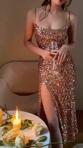 Taizermind Rose Gold Sequin Prom Dress: Tech-Inspired Long Gown & Elegant Evening Fashion