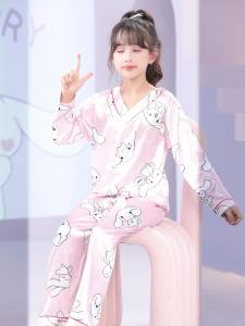 babaeng piyama girl sleepwear Japanese-style V-neck Silk Nighties Kids Pajamas Girl Long Sleeve Pyjamas Baby Clothes