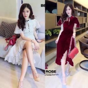 M8267 เดรสยาวลายจุด แต่งระบายหางปลา ติดกระดุมจีน เว้าหยอดน้ำด้านหน้า งานสวยมากค่า ดูดี ลุคคุณนู๋เรยน้าา ผ้าโฟร์เวย์ มีซิปหลัง ใส่สบายๆ ผ่าตรงขาเพิ่มความเซ็กซี่ พร้อมส่ง