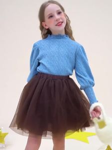 Childrens Puff  Sleeve Top Casual Long Sleeved T-Shirt Autumn Winter Kids Girl Knitted Bottoming Shirt with Lace Collar Top All Match Long