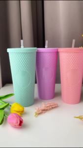 แก้วเก็บเย็น แก้วเพชรพลาสติก 2 ชั้น ทรงเพชร สีพาสเทลและเมทาลิค  แก้วน้ำพร้อมหลอดพลาสติกเกรดพรีเมียม