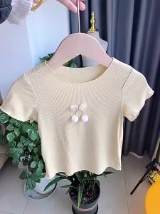 Little Baby Girl Top Shirt Clothes Cherry Blink Short Sleeved Tees Summer New Chiffon Round Neck Yellow Purple Pink White Simple Nice Design Cherry Cute Pretty Shopping Clothes Kids Wear Solid Colour Harga Murah Quality Cantik Pretty
