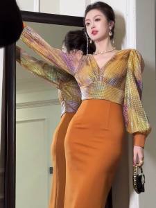 ZYHT EraVogue Váy nữ Váy vàng hồng Váy dài tay Váy cổ chữ V Váy cao cấp Váy cổ điển Váy cưới Váy dự tiệc Váy Pháp 70253