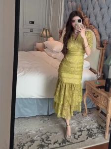 ZYHT EraVogue Váy nữ Váy vàng Váy cổ chữ V Váy ren Váy công sở Váy cao cấp Váy cổ điển Váy sự kiện Váy dự tiệc Váy dạ hội 21186