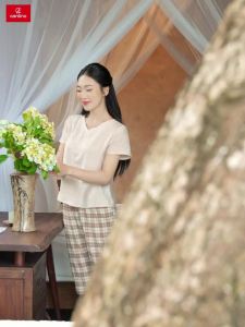 Đồ bộ nữ CARDINA chất liệu đũi bamboo cổ tim form basic kiểu dáng đơn giản thoải mái trẻ trung 4BDL03