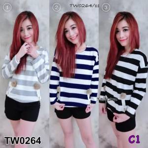 TW0264 เสื้อลายริ้วแต่งขนฟู Striped shirt with fur trim
