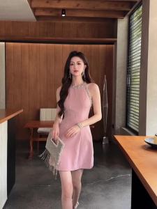 ZY.HT EraVogue Váy nữ Váy hồng Váy chữ A Váy viền cổ áo Váy cao cấp Váy cưới Váy gợi cảm Váy Pháp 9517