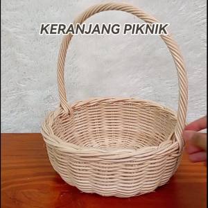 KERANJANG ROTAN BULAT NATURAL dg TANGKAI Uk. 20x8 cm Premium Quality Kerajinan Keranjang Piknik dari Rotan / Vintage Kraft Rattan