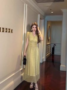 ZYHT EraVogue เดรสผู้หญิง เดรสสีทอง เดรสทรงเอ เดรสคอวี เดรสทำงาน เดรสไฮโซ เดรสวินเทจ เดรสออกงาน เดรสปาร์ตี้ ชุดราตรี 21243