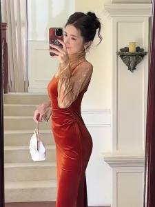 ZYHT EraVogue Đầm Váy nữ váy màu cam váy dài tay váy đuôi cá váy nhung váy xã hội cao váy cổ điển váy sự kiện váy dự tiệc váy Pháp 21016