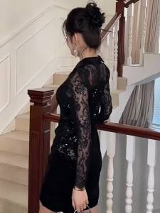 ZYHT EraVogue Đầm Váy nữ váy đen váy dài tay váy sequin váy ren váy xã hội cao váy cổ điển váy sự kiện váy dự tiệc váy Pháp 21018