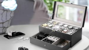 12Slot PU Leather Lockable Watch Storage Boxes Men & Women Jewelry Display Drawer Case 2-Tier Organizer with Glass Lid