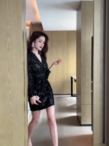 ZYHT EraVogue Đầm Váy nữ váy đen váy dài tay váy cổ chữ V váy sequin váy ren váy cổ điển váy sự kiện váy dự tiệc váy Pháp 20919