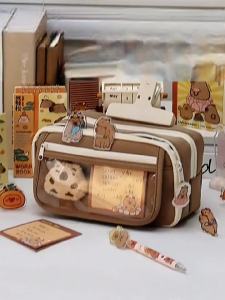 Multi Layered Pencil Bags Transparent Large Capacity Student PU Leather Pencil Pouch School Stationery Organizer Supply Pen Case