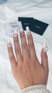 deserve handmade press on nails | Ivory Princess | Pink Medium Coffin Style