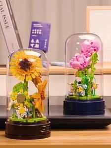 Flowers Music Box Building Blocks Set Sunflowers Rose Swan Flowers Bouquet DIY Toys Gift
