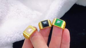 24K Gold Plated Vintage Inlaid Natural Jade Chalcedony Agate Adjustable Ring Wedding Engagement King Jewelry Non Fade