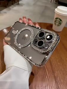 Luxury Diamond Magnetic Charging Phone Case for Iphone 11 12 13 14 15 Pro Max Transparent Shockproof Soft Silicone Back Cover