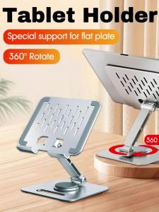 Adjustable Tablet Stand Holder for Desktop with 360 Rotating Larger Base Swivel Aluminum Tablet Laptop Phone Holder Portable Non-Slip iPad Bracket Home Office Desk Accessories Fits 2024 iPad Pro 13 12.9 11 Air Mini 6 5 Silver-Silver