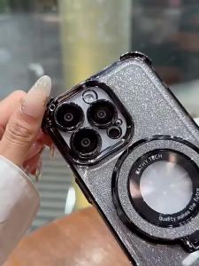 Luxury Gradient Glitter Plating Magnetic Holder Stand Phone Case for Iphone 15 Pro Max 14 13 12 11 Pro 14 15 Plus Airbag Shockproof Back Cover with Lens Film