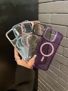 Luxury Flip Lens Bracket Glitter Transparent Phone Case for Iphone 15 Pro Max Silicone Bling Casing 11 12 13 14 Pro Max Clear Shockproof Back Cover