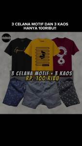 3 CELANA CHINO MOTIF + 3 KAOS PAKET HEMAT 100 RIBU SETELAN PRIA REMAJA DEWASA