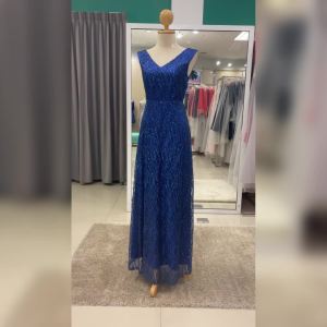 ชุดราตรีออกงาน ชุดราตรียาว ชุดราตรียาวแขนกุด คอวี ชุดไปงานแต่งกลางคืน คนอ้วนใส่สวย ผอม PF088-น้ำเงิน