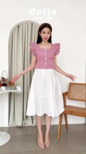 NAMARI-Cella Top - Atasan Kemeja Baju Blouse Wanita Crop Kekinian Ruffle Korean Style Katun Kotak