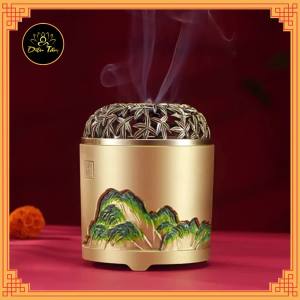 Lư xông trầm hương- lư đốt trầm bằng đồng nguyên chất thay thế lư xông trầm điện chạm khắc họa tiết núi xanh shop Diệu Tâm