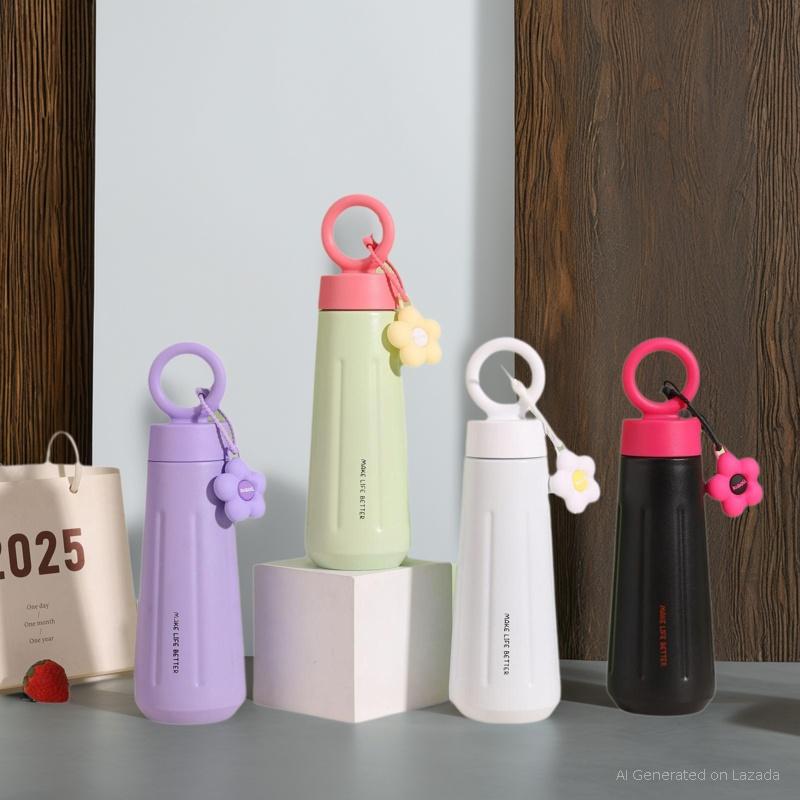 Water bottle stainless steel vacuum 450ml / Botol minum tumbler aesthetic with handle ring & flowers-2029