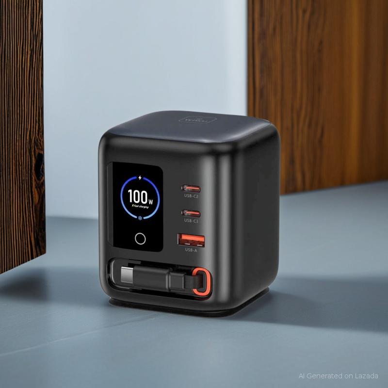 Bộ trạm Sạc Nhanh Wiwu Warrior Wi-GSO39 100W USB-C 3 Cổng Tốc Độ Cao kèm cáp liền type C