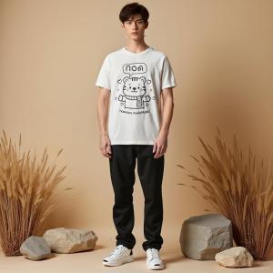 RYU BEAR เสื้อยืดลายการ์ตูนสัตว์เลี้ยง "กอด" น้องเสือสีดำ ผ้าคอตตอน 100% นุ่มสบาย สำหรับผู้หญิงและผู้ชาย