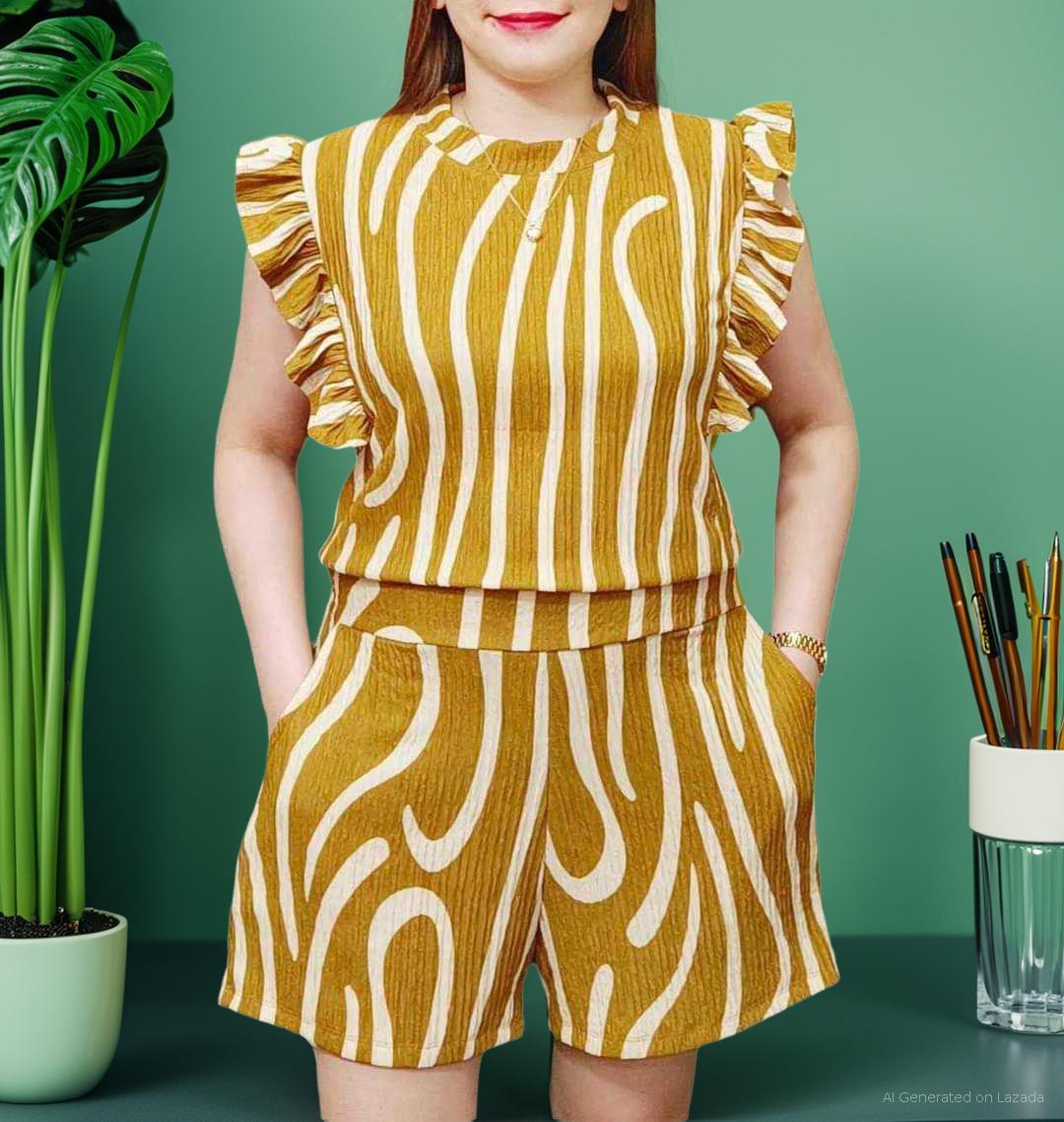 PRINTED BARK CREPE TERNO RAFFLES BLOUSE AND SHORT UP TO 3XL