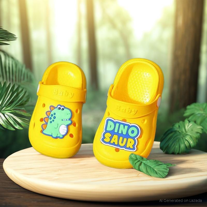 Dép sục cho bé trai bé gái 3 - 6 tuổi êm nhẹ chống trơn họa tiết khủng long dễ thương D55 Vàng