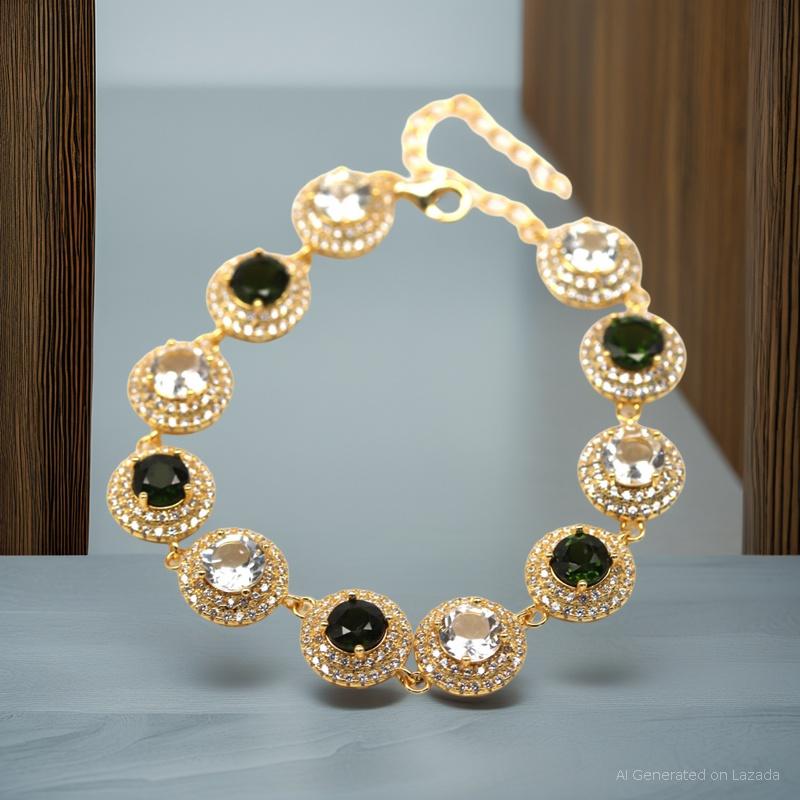 Genuine Chrome Diopside Bracelet, 66.05Ct, 925 Sterling Silver, 18K Gold Plated. | White Topaz Topaz Zircon Bracelet, Luxurious Women's Bracelet, Png Brand ราคา 4,300 บาท*ส่งฟรี