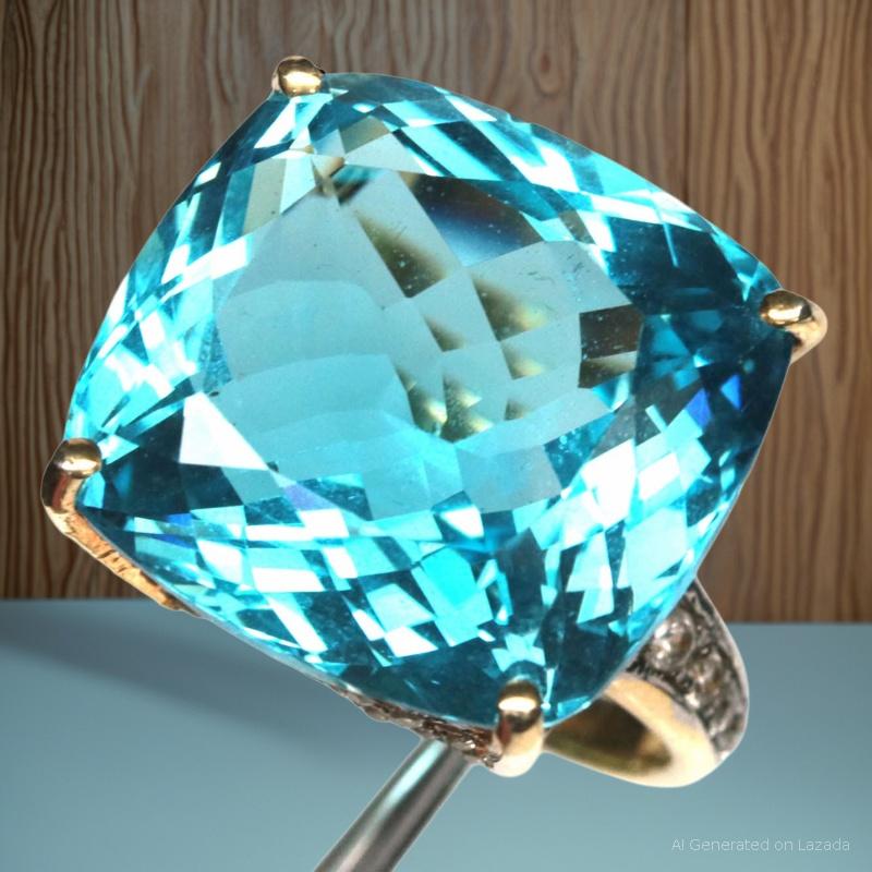 Genuine 925 Silver Ring (Swiss Blue Topaz). Genuine Blue Swiss Topaz, Cut, 18 X19 Mm. Inlaid with Luxurious White Zircon, Women's Ring, Size 6 ราคา 15,000 บาท*ส่งฟรี