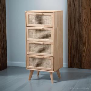 Nordic Japanese style solid rubber wood cabinet four drawer chest with rattan weaving