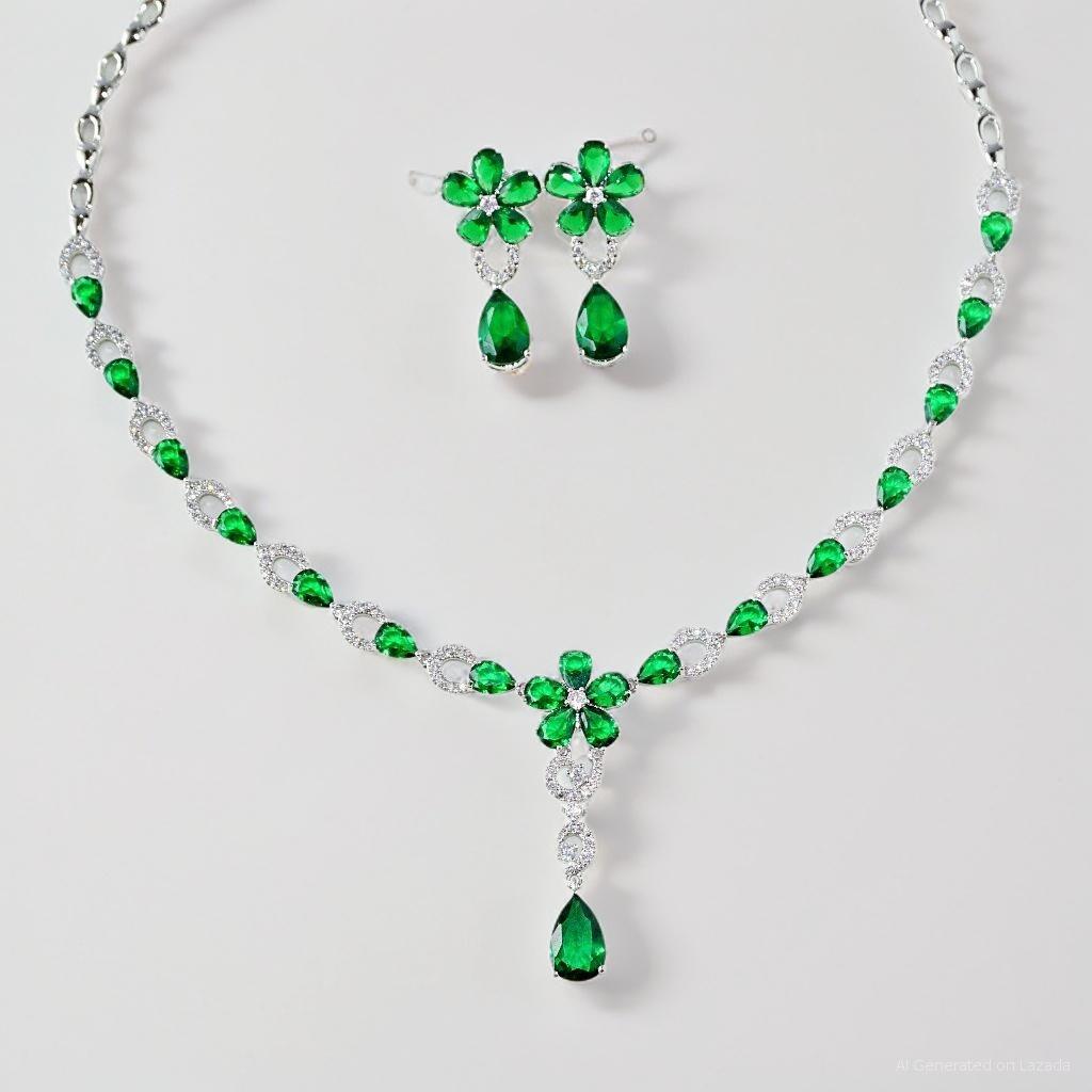 Neriza Jewelry/Premium Grade Synthetic Diamond Jewelry Set, Sparkling Like Real Diamonds. Bridal Jewelry, Diamond Necklace, Nzc036 ราคา 2,200 บาท*ส่งฟรี