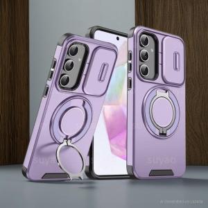 For Samsung Galaxy S26 Edge Ultra Slide Camera Lens Protection Ring Stand Magnetic Armour Phone Case ( Purple )