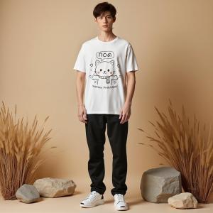 RYU BEAR เสื้อยืดลายการ์ตูนสัตว์เลี้ยง "กอด" น้องเเมวสีขาว ผ้าคอตตอน 100% นุ่มสบาย สำหรับผู้หญิงและผู้ชาย